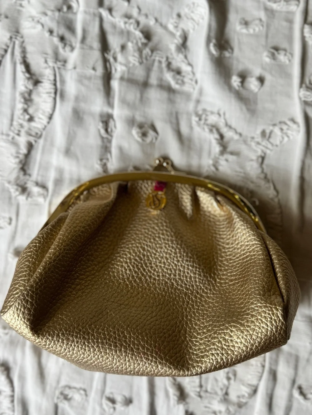 Victoria's Secret Gold Metallic Kiss-Lock Clutch with Pink Tab